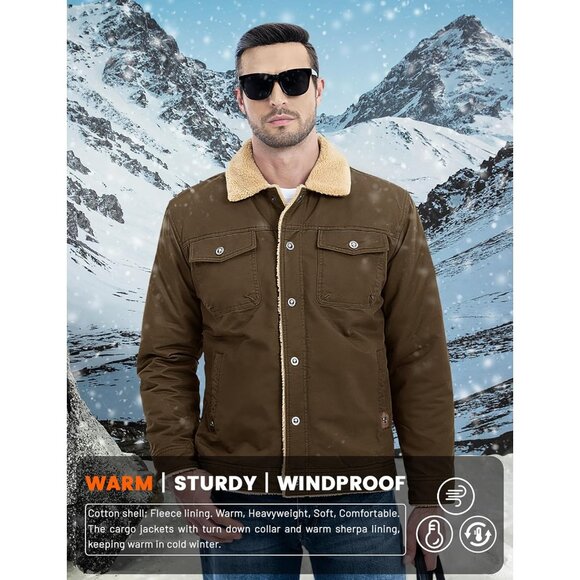 Mens Brown AI Winter Sherpa Lined Jacket Warm Trucker Coat Multi Pocket - Picture 3 of 7
